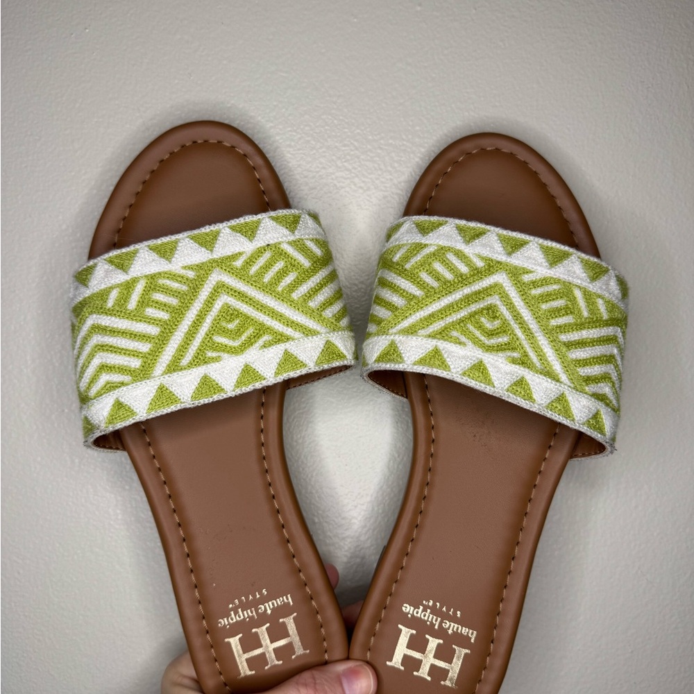 Haute Hippie‎ Style Embroidered Slide Sandals Lime White 7.5